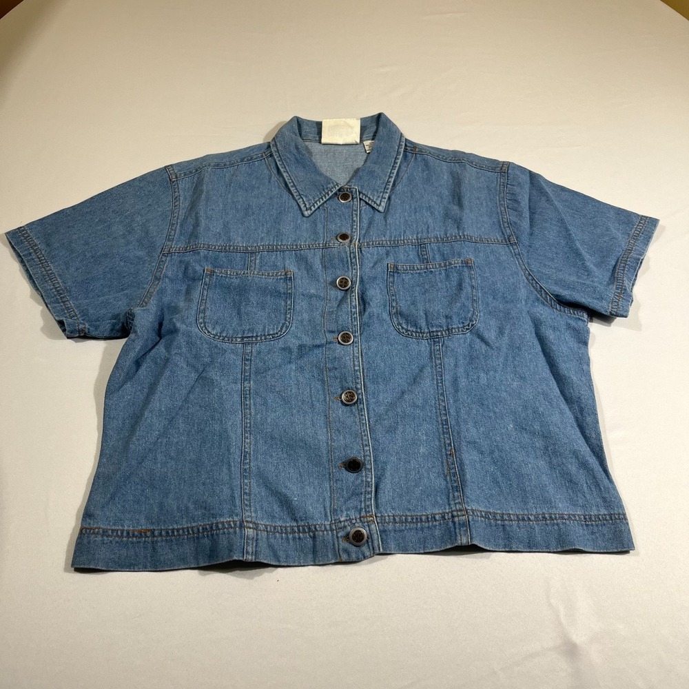 Bill Blass Vintage Denim Shirt Jacket Womens 16 Short Sleeve Blue 90s Aesthetic